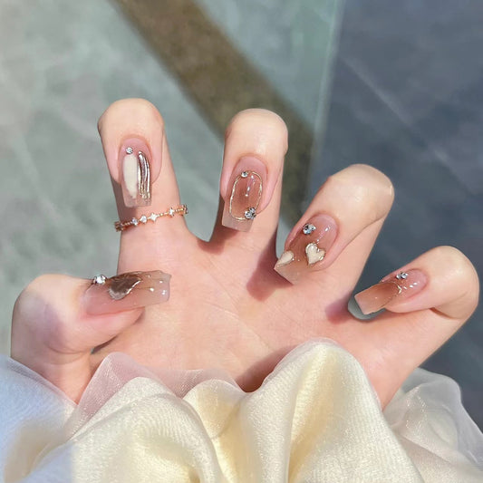 Cream Heart Caramel Stained Gilded Amber Press on Nail