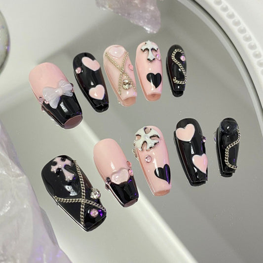 French Pink Chrome Heart Chain Press on Nail